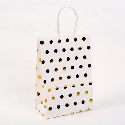 China Recycled Materials Garment Paper Part Bags Kraft Bag With Handles Polka Dot Gold Recyclable Gift Bag Food Clothing Bread Shopping Cloth Packaging for sale