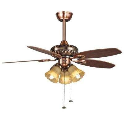 China 220V 110V Vintage Indoor Decorative Dimmable 5 Wooden Blades Remote Control LED Metal Ceiling Fans With Light for sale