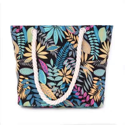 China Fashion Korean Shoulder Bag Canvas Handle Bag Women's Beach Bag Palm Leaf Printing Rope Handle for sale