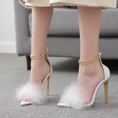 China Fashion Trend Plush Headed Ladies Open Toe Stilettos Large Size Color Matching Women Shoes Fur Low Heels Sandals For Women Summer for sale