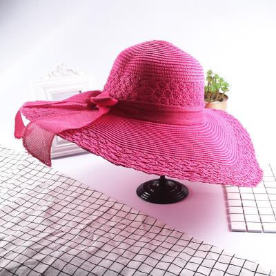 China Outdoor Straw Hat Sunshade Travel Sunscreen Straw Hat Bow Folding Beach Large Checked Brim Hat for sale