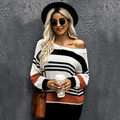 China 2021 New Arrival Anti-wrinkle Customized Logo Off Shoulder Striped Knit Pullover Sweaters Women Fall Clothing for sale