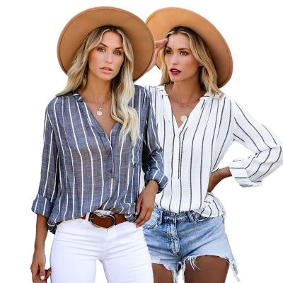 China Wholesale High Quality Ladies V Neck Stripe Anti-pilling Tops Shirts Long Sleeve for sale