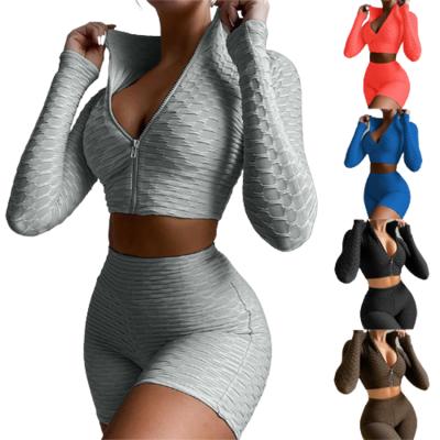 China Anti-pilling 2021 Summer Yoga Suit Sports Fitness Clothing Women Two Piece Solid Color Sweatshirt Equipments Long Sleeve 2 Piece Short Set for sale