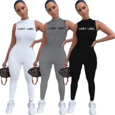 China New Fashionable QUICK DRY Letter Printing Sleeveless Bodycon Bodysuit Yoga Overalls In Solid Color With Embroidery Overalls for sale