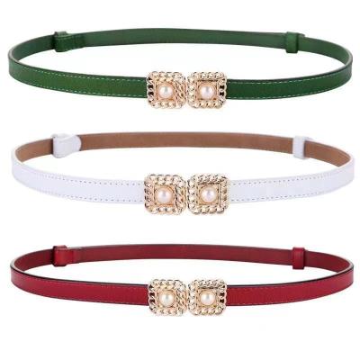 China New Cowhide Alloy Pearl Women Retro Whip Belt Fashion Elegant Dress Accessories Leather Thin Belt for sale