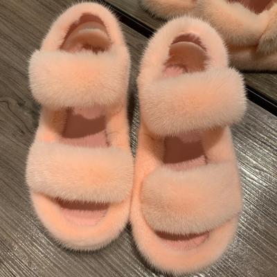 China Mink Fur Shoes Ladies Natural Real Fur Flat Heel Sliders Fashion Trend Women's Outdoor Sandals for sale