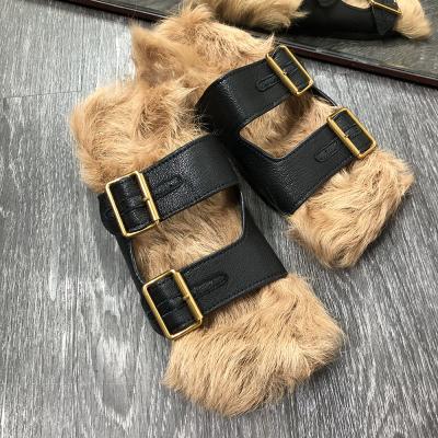 China Fashion Flat Warm Girls Winter Real Lamb Fur Slides Ladies Slippers Flat Fur Slides For Women Outdoors for sale