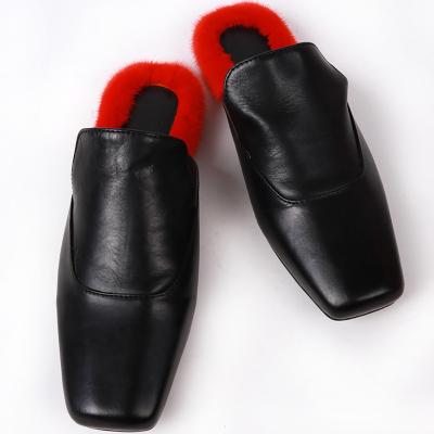 China High Quality Women's Flat Genuine Leather Slides Ladies Mink Fur Slides Real Outside for sale