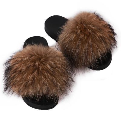 China Real Fox Fur Child Raccoon Fur Natural Kids Flat Slippers Slides Little Girl Flat Fluffy Slides for sale