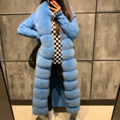 China Autumn Warm Women Blue Long Real Fox Fur Coat Anti-shrink Hoodies Ladies Sweater for sale