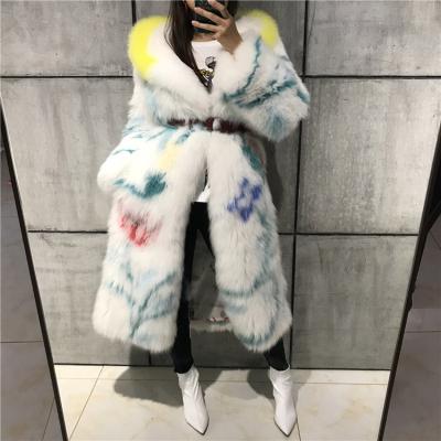 China Women's Long Real Fox Pattern Anti-Shrink Floral Fur Coat Knitted Fur Coat For Ladies for sale