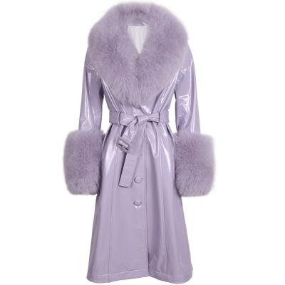 China Breathable Real Fox Fur Collar Long Leather Coat Women Ladies Patent Leather Trench Coat for sale