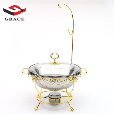 China Hotel Buffet Food Equipment Scarab Dish 8L Stainless Steel Luxury Gold Chaffer Round Chafing Dish Luxury Hanging Food Warmer Set For Arabic Restaurant for sale