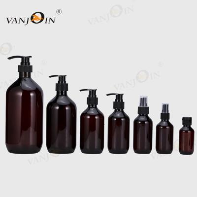 China BEAUTY PACKAGING PET Round Shampoo 16oz Cosmetic Packaging Plastic Bottle With Black Pump for sale