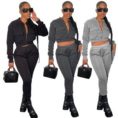 China HR8203 Breathable Plus Size Womens Crop Top Zipper Lounge Wear Pants Two Piece Set for sale