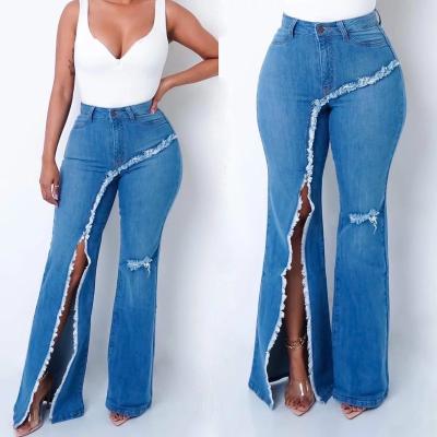 China Breathable Amazon Hot Sale Jeans Pants Tassles Ripped Bell Bottom Asymmetrical Split Stylish Jeans for sale