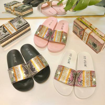 China 2021 Fashion Trend New Arrival Slippers Summer Fashion Dollar Diamond Flat Women Slippers for sale