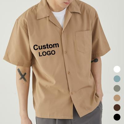 China Anti-pilling also only men's summer lightly drape Hong Kong Style Japanese Men's solid color short-sleeved shirt loose collar Cuban shirt men's for sale