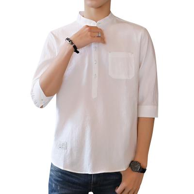 China Summer Men's Anti-pilling Shirt Korean Shirt Collar Trend 100 Cotton Trend 100 Inch 7 Sleeve Comic Student Male White Shirt for sale