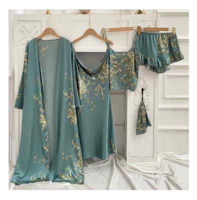 China Silky Women's Floral Print Sleepwear 5 Pieces Set Long Satin Robe Pijamas Woman Ladies Pajamas Set for sale