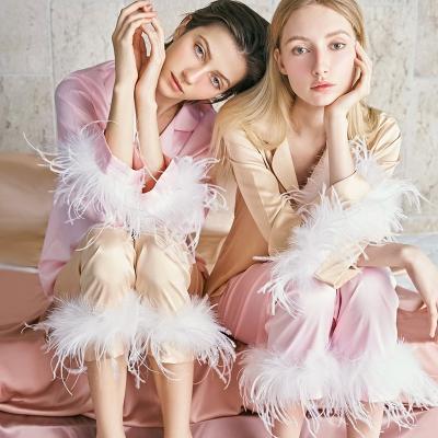 China QUICK DRY Women's High Quality Silky Satin Sleepwear With Feathers Long Party Pajamas for sale