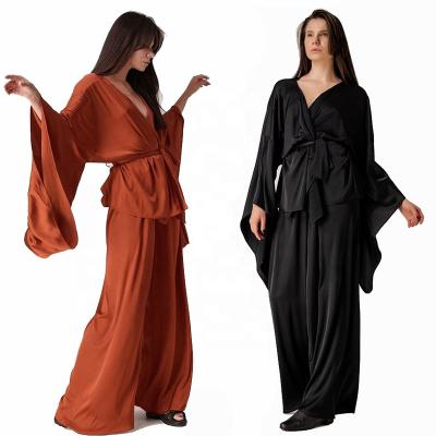 China Silky High Quality Silk Satin Extra Wide Flare Sleeves Long Robe With Pants Womens Pajamas Sets for sale