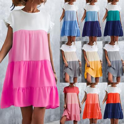 China Sale Women Loose Knee-Length Dresses Breathable Classic Hot Pink O-Neck Color Contrast Sale Women Ruffled Short Sleeves Casual Dresses for sale