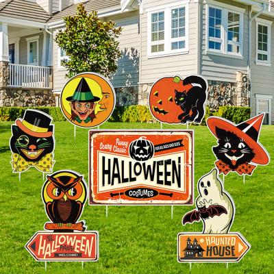 China Cutting Service Vintage Lantern Halloween Party Decorations Yard Signs Witch Black Cat Pumpkin Ghost Lawn Sign for sale