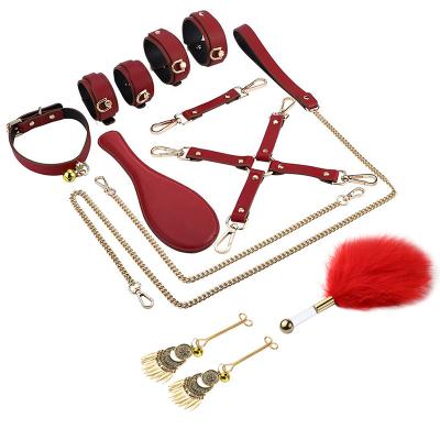 China Couples Adults Top Sale Bondage Set Sex Tools Wrist Ankle Restraints Leather Soft Handcuffs Leather Soft Handcuffs Feather Sex Flirt Toys for sale