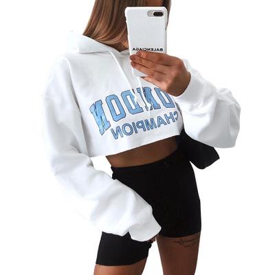 China Women's Letter Print QUICK DRY Sheath Long Casual Hooded Sweatshirts Slim Navel Top Sweatshirt Crop Top Navel Hoodie For Women for sale