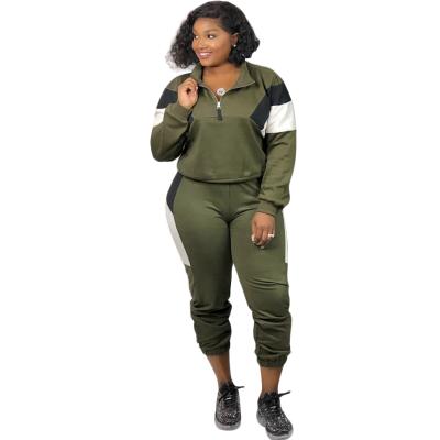 China Breathable Fantastic Quality Porcelain Long Sleeve Plus Size Contrast Color Jogger Women Sets Two Piece for sale