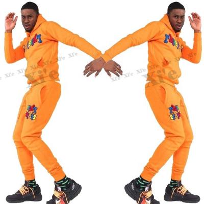 China Custom Made Orange Oversized Sweatsuit Men Breathable Heavyweight Chenille Embroidery Fit Hoodie Slim Sweatsuit Set for sale