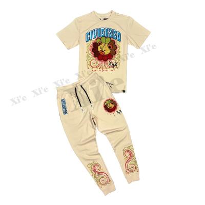 China High quality summer hot sale sweatsuit breathable sports custom casual men's tracksuit bear flower jogger set sweatpants t-shirt pants for sale