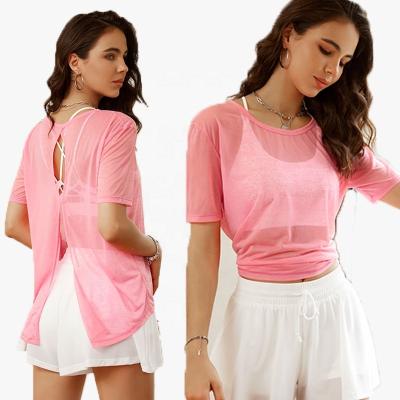 China Breathable Women's Short Sleeve Workout Tops T-shirt Sexy Sheer Blouse Fitness Crop Top for sale