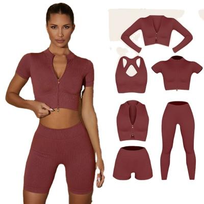 China 6 Piece Yoga Set Breathable Workout Sports Exercise Equipments Ribbed Seamless Bra Tops Active Set Gym Tracksuits for sale