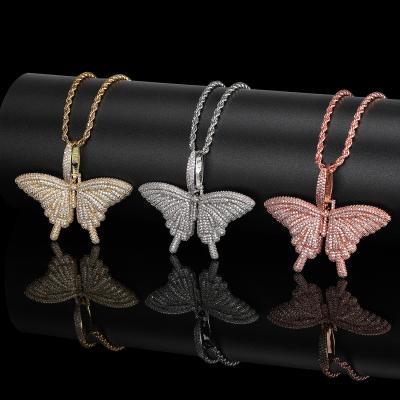 China Hot Sale Hiphop Ristar Jewelry Butterfly Pendant Iced Out CZ Butterfly Design Pendant Gold Plated Butterfly Pendant Necklace for sale