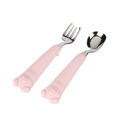 China Sustainable Food Safe Baby Food Spoon Fork Handle Design Kawaii Silicone Kids Dinnerware Set for sale