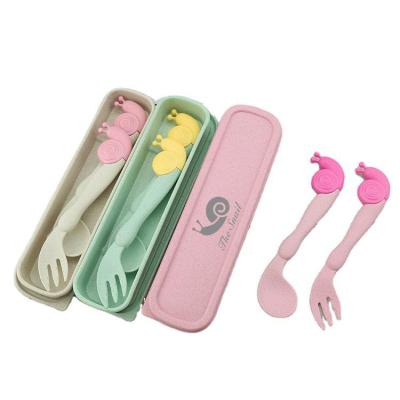 China Viable Biodegradable Wheat Straw Fiber Kids Tableware Set In Case Kindergarten Kids Spoon and Spoon Fork for sale