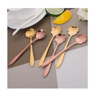 China Viable Stainless Steel Gold Plated Creative Spoon Sugar Spoon Teaspoon Sakura Flower Pattern Coffee Stirring Tableware for sale