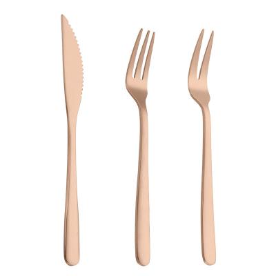 China Viable 3 PCS Stainless Steel Gold Plating Fruit Dessert Tableware Set Three Prong Fork and 2 Fork Knife for sale