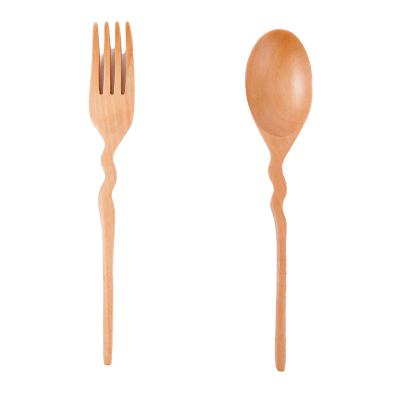 China Sustainable Modern Design Curved Handle Natural Texture Wooden Fork Spoon Tableware For Home Restaurant Banquet for sale