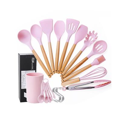 China Sustainable Pink Silicone 12pcs Kitchen Cooking Tools Practical Kitchenware Kitchen Utensils Set With Wooden Handle for sale