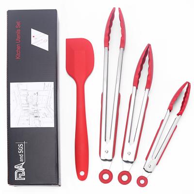 China Durable High Temperature Resistant Silicone Spatula Stainless Steel Food Tongs Baking 4 Piece Set for sale