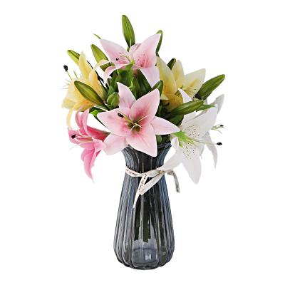 China Art Decor 3 Heads Real Touch Artificial Flowers PU Faux Lily Flower Bouquet Silk Plastic Party Table Home Hotel Decor for sale