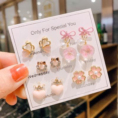 China Wholesale Cute Pink Flower Heart Stud Earrings Crystal Earrings Set For 5/6 Pair Mixed Cute Women Girl Child for sale