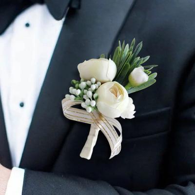 China White Flower Silk Flower Prom Prom Corsage Groom Corsage Prom Men Wedding Brooch Boutonniere for sale