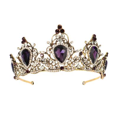 China Retro Baroque Purple Crystal Wedding Crown Crystal Queen Crown for Women Rhinestone Wedding Tiara Headband Full Round Princess Crown Hair Accessories for Prom Birthday for sale