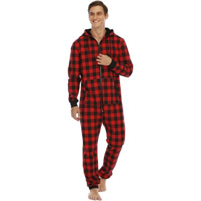 China Christmas Plaid Overalls Pajamas America Europe Winter Flannel Velvet Pajamas Hoodie Male Thermal Sleepwear Wholesale for sale