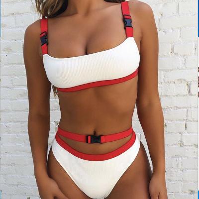 China New Arrival Breathable Women Halter Bikini Bandeau Swimwear Bandeau Buckle Swimwear High Waist Rib Knit Bikini Set Swimsuit for sale